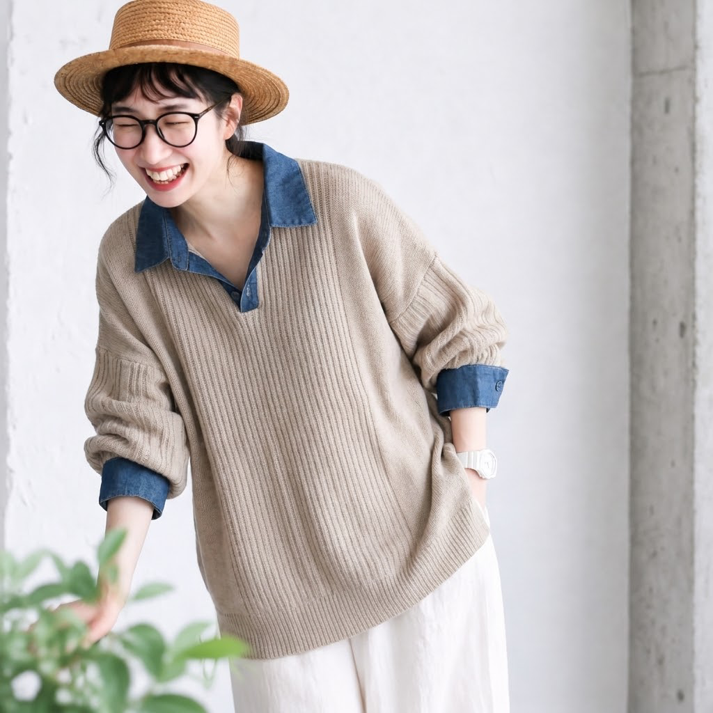 S-XL 配色 ノーマルスリーブ シンプル ニットセーター S ライトグレー