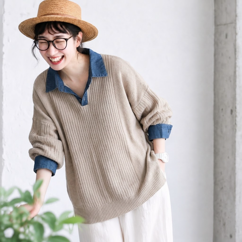 S-XL 配色 ノーマルスリーブ シンプル ニットセーター S ライトグレー