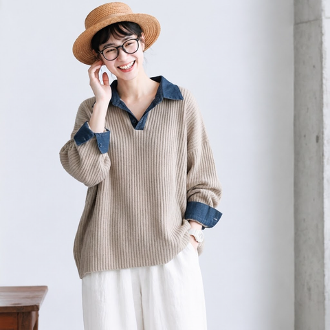S-XL 配色 ノーマルスリーブ シンプル ニットセーター XL ライトグレー