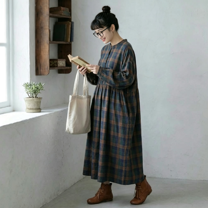 M-2XL チェック柄 ウエスト絞り ギャザー 大人のナチュラル 着回し ロングワンピース 2XL ブルー