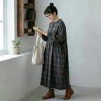 M-2XL チェック柄 ウエスト絞り ギャザー 大人のナチュラル 着回し ロングワンピース 2XL ブルー