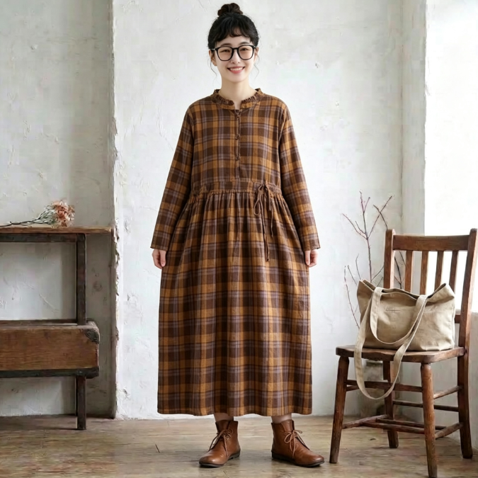 M-2XL チェック柄 ウエスト絞り ギャザー 大人のナチュラル 着回し ロングワンピース 2XL ブラウン