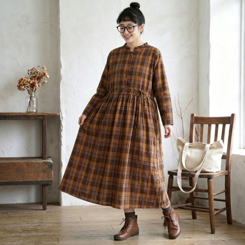 M-2XL チェック柄 ウエスト絞り ギャザー 大人のナチュラル 着回し ロングワンピース M ブルー