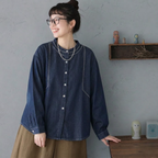 M-2XL デニム ラウンドネック ゆったり ステッチデザイン 着回し 薄手 シャツ M 写真通り