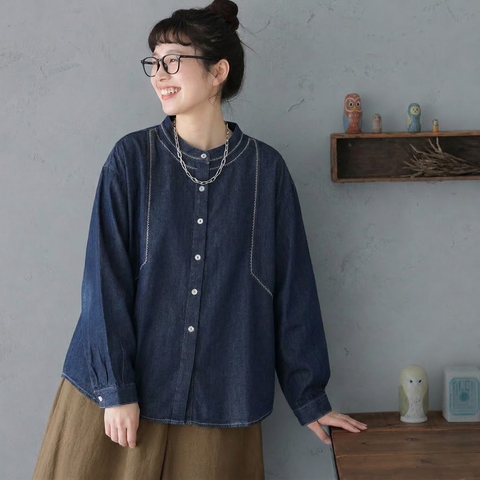 M-2XL デニム ラウンドネック ゆったり ステッチデザイン 着回し 薄手 シャツ M 写真通り