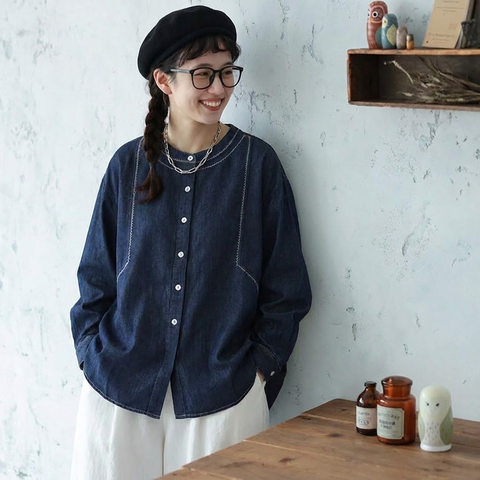 M-2XL デニム ラウンドネック ゆったり ステッチデザイン 着回し 薄手 シャツ M 写真通り