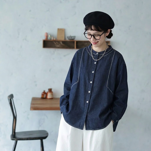 M-2XL デニム ラウンドネック ゆったり ステッチデザイン 着回し 薄手 シャツ 2XL 写真通り