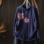 新品殺到 花模様 切り替え 森ガール ラウンドネック 長袖 Tシャツ フリー モーヴ