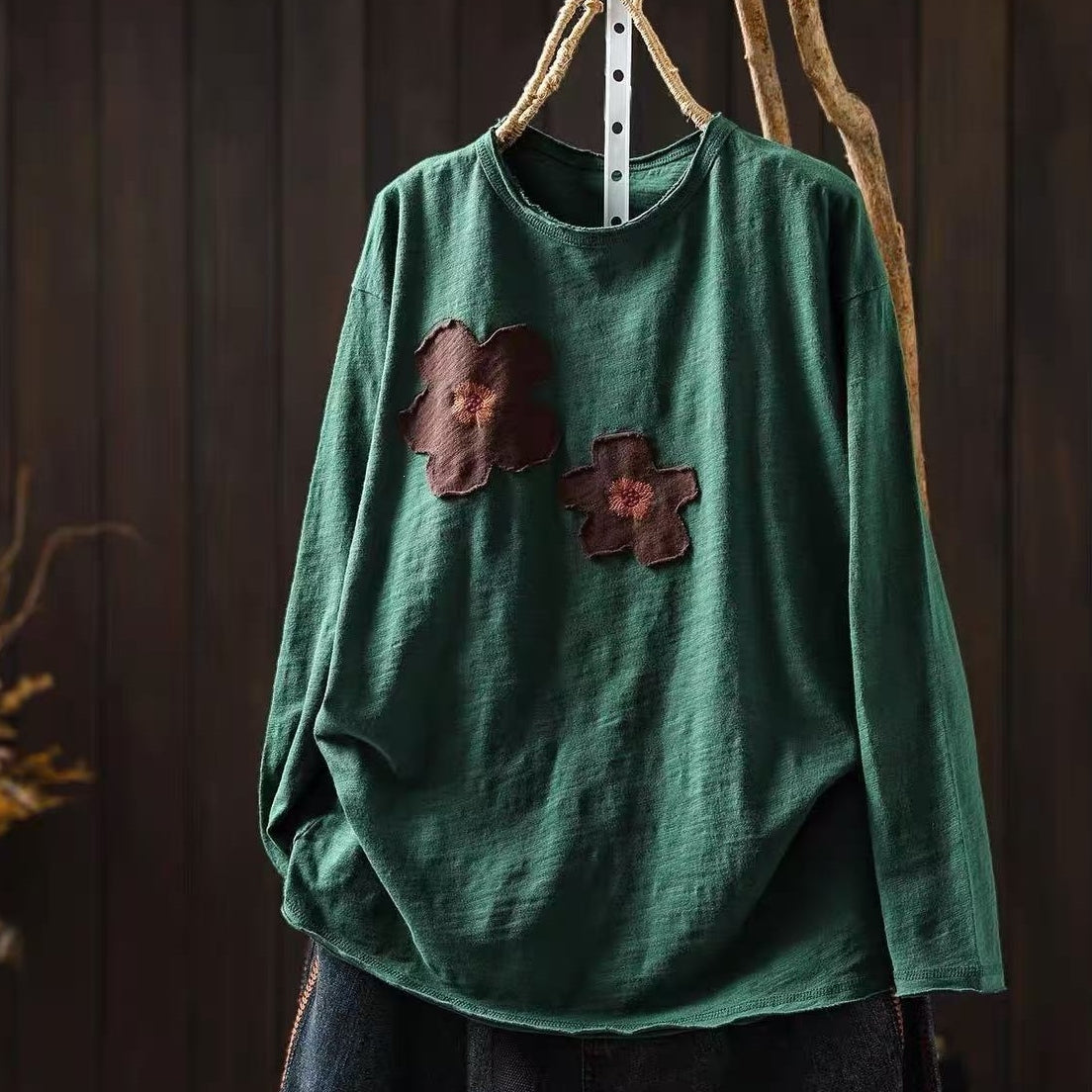 新品殺到 花模様 切り替え 森ガール ラウンドネック 長袖 Tシャツ フリー モーヴ