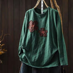新品殺到 花模様 切り替え 森ガール ラウンドネック 長袖 Tシャツ フリー ダークグリーン