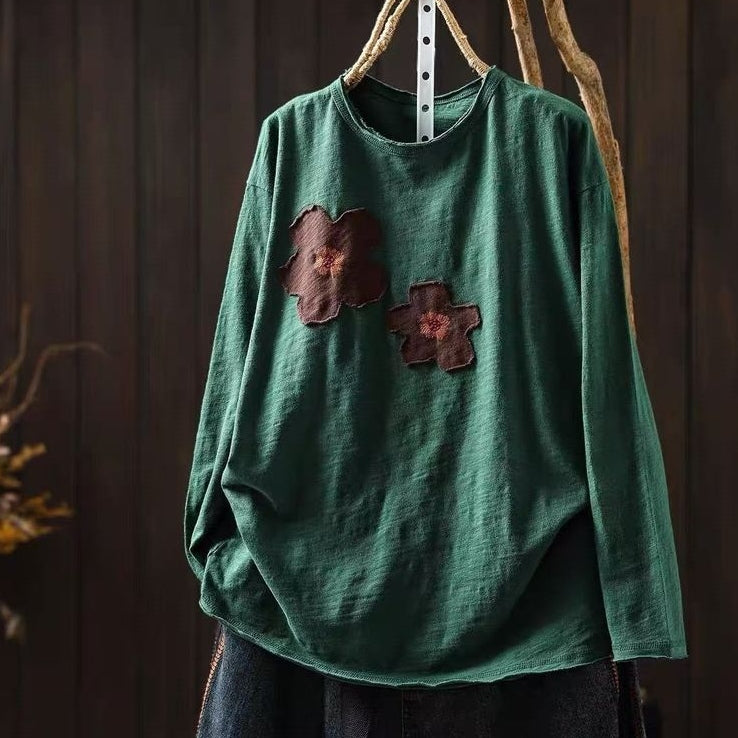 新品殺到 花模様 切り替え 森ガール ラウンドネック 長袖 Tシャツ フリー ダークグリーン