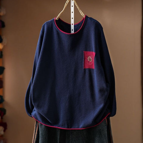 売り切れ必至 レトロ 刺繍 長袖 ラウンドネック ニットセーター フリー グリーン