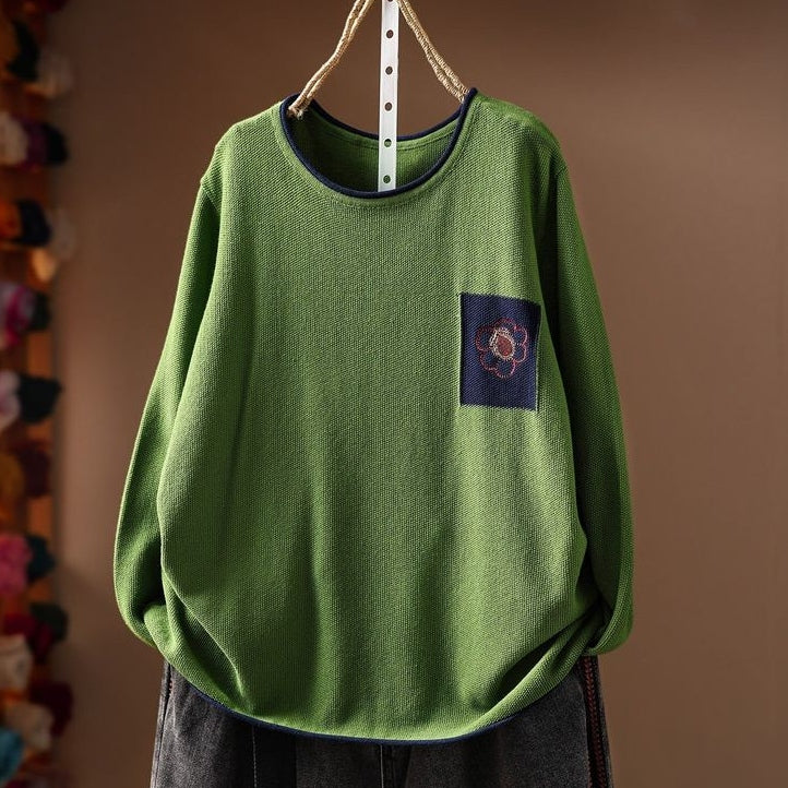 売り切れ必至 レトロ 刺繍 長袖 ラウンドネック ニットセーター フリー グリーン