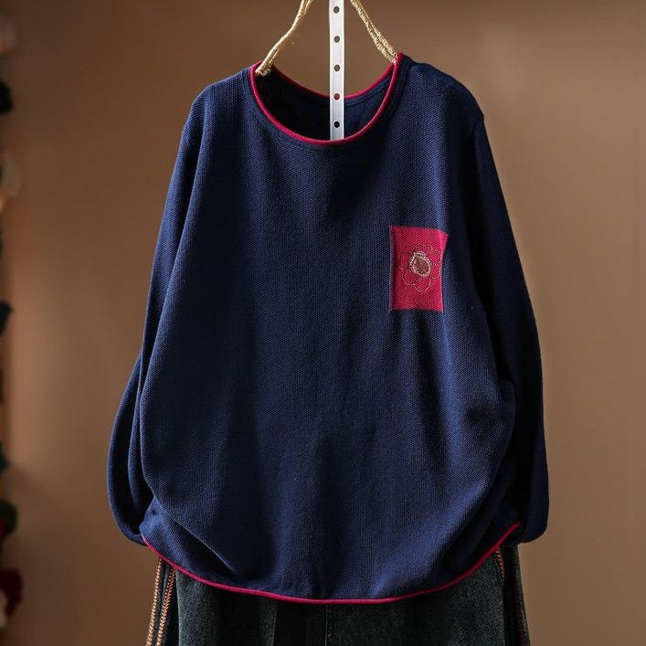 売り切れ必至 レトロ 刺繍 長袖 ラウンドネック ニットセーター フリー ネイビー