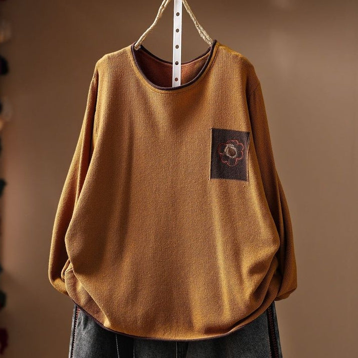 売り切れ必至 レトロ 刺繍 長袖 ラウンドネック ニットセーター フリー イエロー