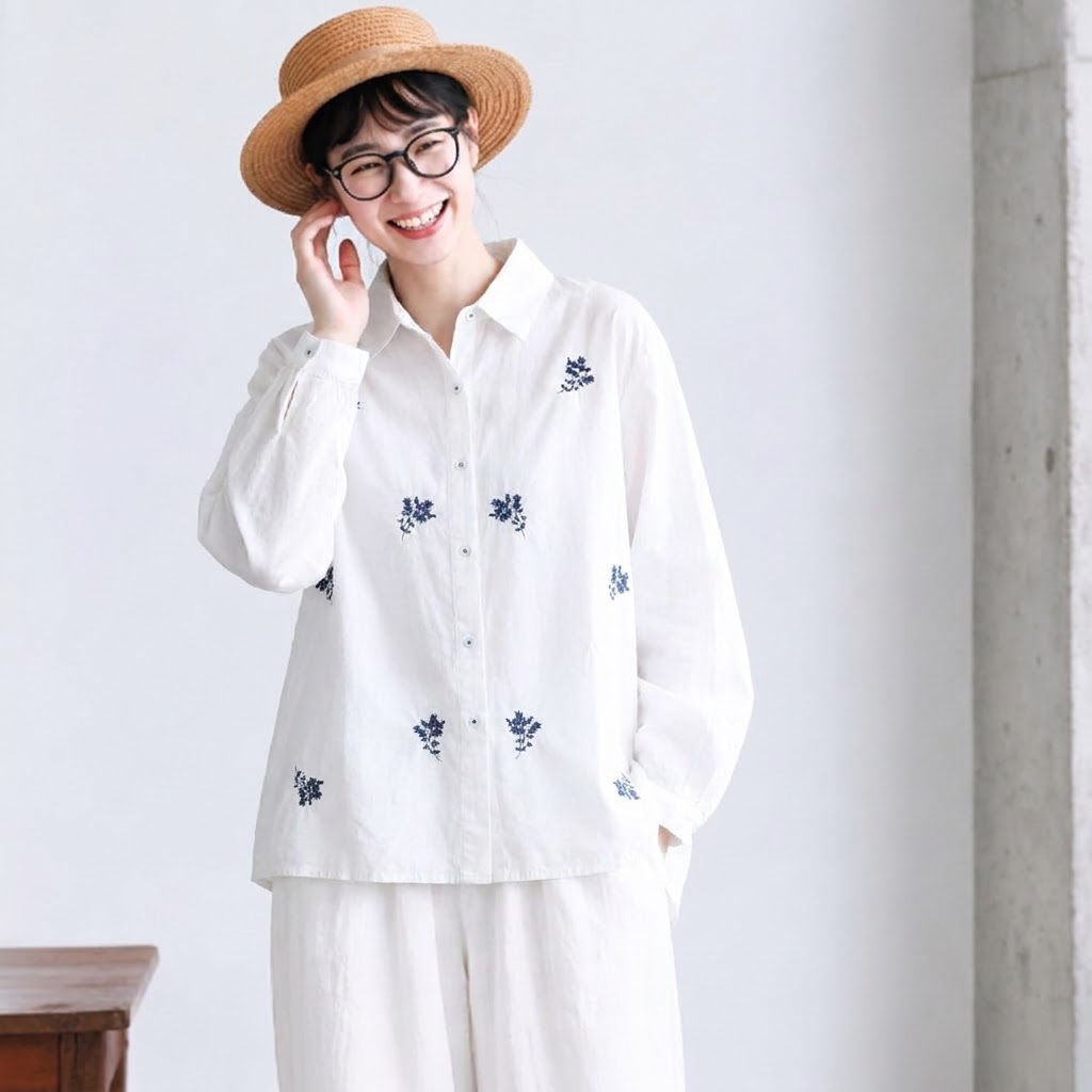 好印象MAX♡ 長袖 刺繍 シングルブレスト 折り襟 レトロ シャツ フリー ホワイト