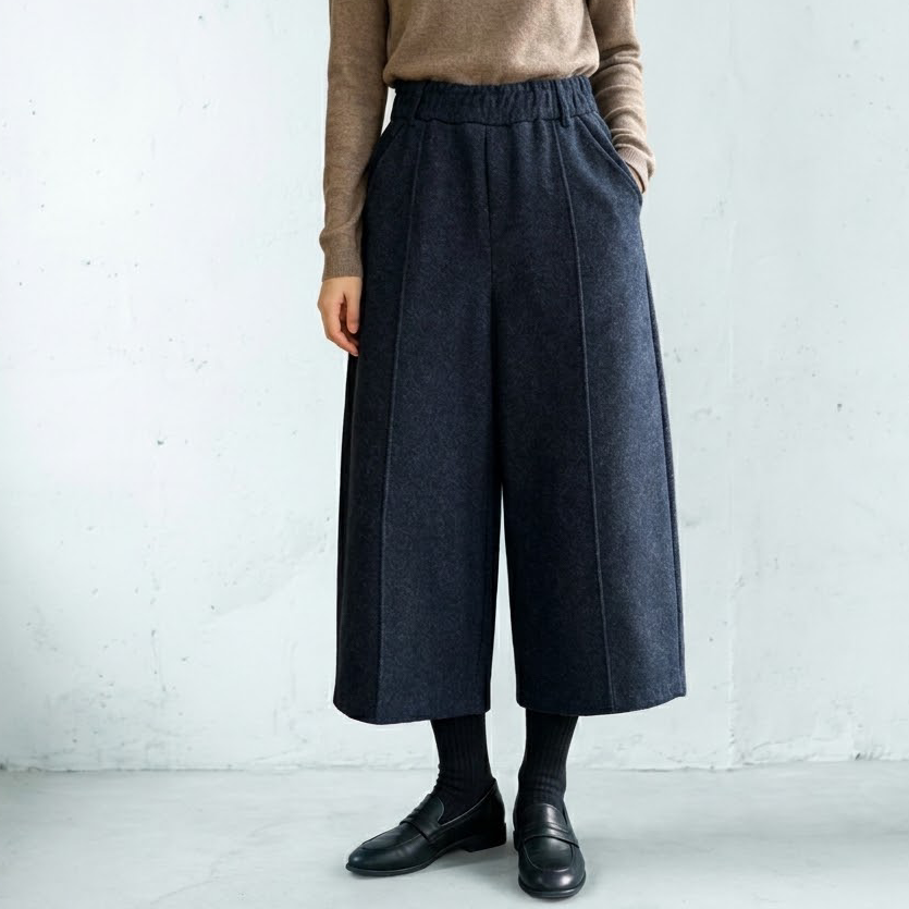 M-2XL 新作入荷 無地 スリム効果 ハイウエスト 8分丈 フェミニン ガウチョパンツ 2XL ネイビー