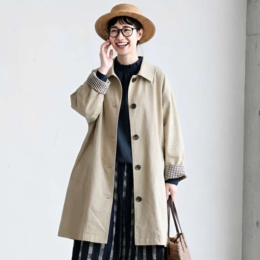 L-2XL ビックシルエット ポケット付き 無地 ミディアム丈 レトロ トレンチコート 2XL アプリコット