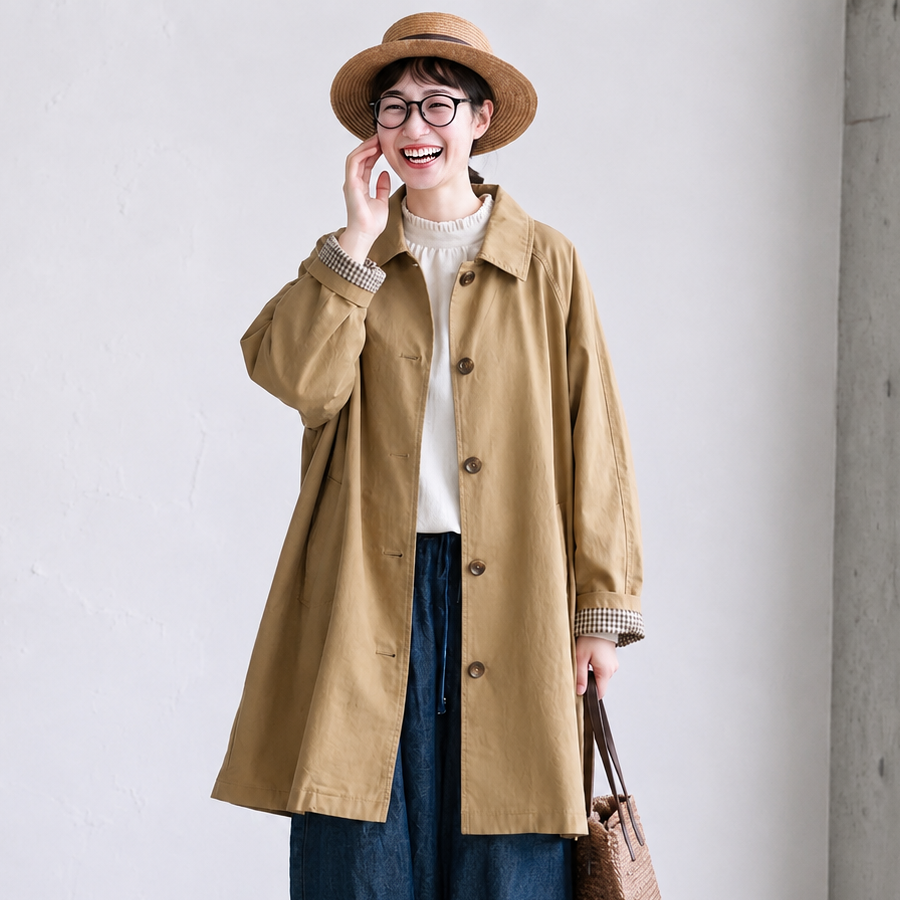 L-2XL ビックシルエット ポケット付き 無地 ミディアム丈 レトロ トレンチコート 2XL カーキ