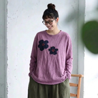 新品殺到 花模様 切り替え 森ガール ラウンドネック 長袖 Tシャツ フリー モーヴ