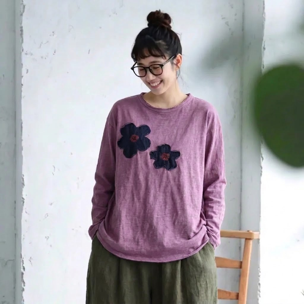 新品殺到 花模様 切り替え 森ガール ラウンドネック 長袖 Tシャツ フリー モーヴ