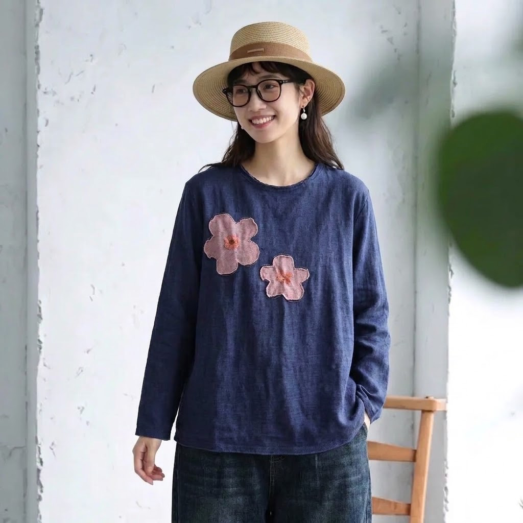 新品殺到 花模様 切り替え 森ガール ラウンドネック 長袖 Tシャツ フリー モーヴ