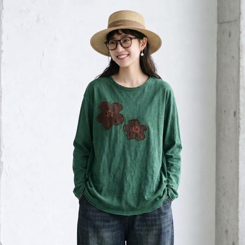 新品殺到 花模様 切り替え 森ガール ラウンドネック 長袖 Tシャツ フリー モーヴ