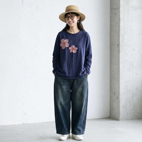 新品殺到 花模様 切り替え 森ガール ラウンドネック 長袖 Tシャツ フリー モーヴ