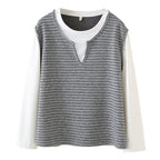 M-3XL ボーダー キーネック セット風デザイン 切り替え袖 ゆとりのある Tシャツ M ダークグレー