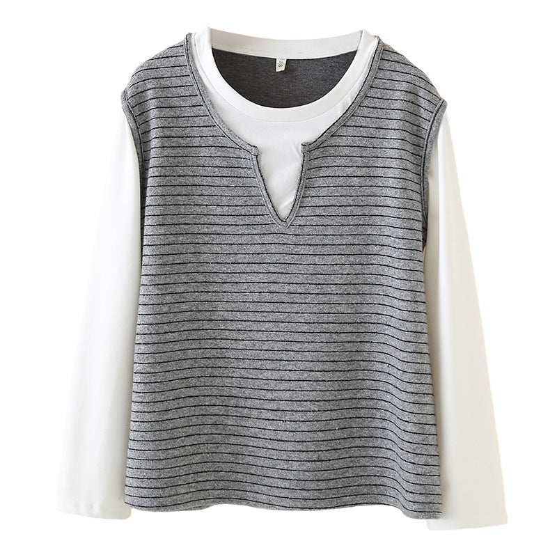 M-3XL ボーダー キーネック セット風デザイン 切り替え袖 ゆとりのある Tシャツ M ダークグレー
