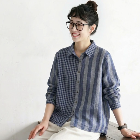 M-L 切り替え チェック柄 ストライプ柄 配色 POLOネック 長袖 ファッション シャツ M 写真と同じ