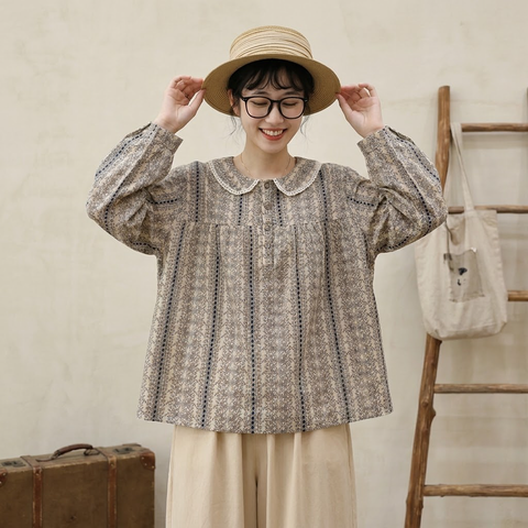 「着回しのコツ」 花柄 長袖 森ガール パフカラー ボタン シャツ フリー 写真と同じ