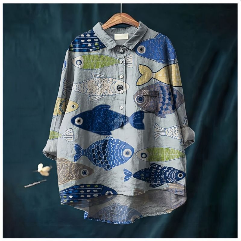 M-3XL 魚と暮らす ゆるり綿麻混ブラウス M フィッシュ柄
