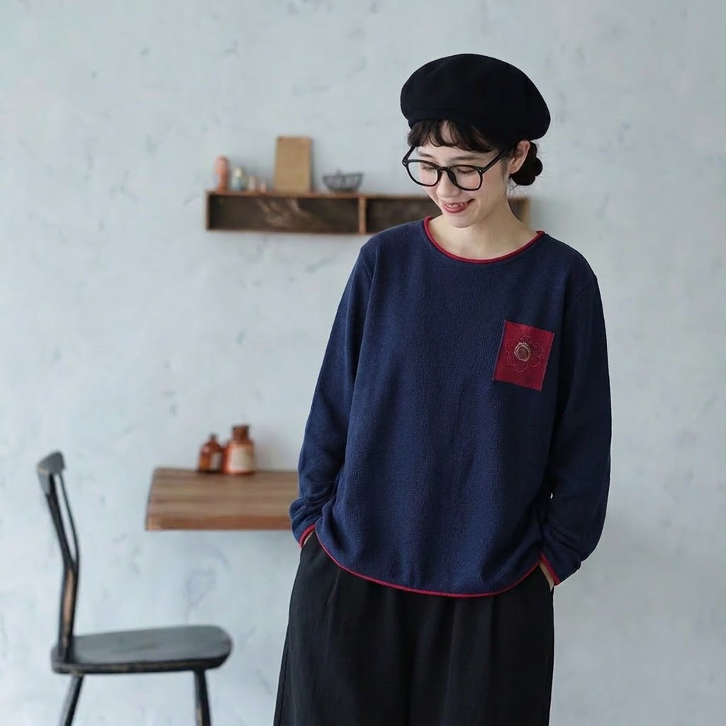 売り切れ必至 レトロ 刺繍 長袖 ラウンドネック ニットセーター フリー グリーン