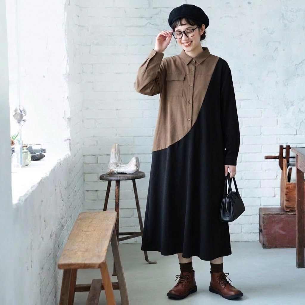 配色 ファッション 長袖 折り襟 Aライン カジュアルワンピース フリー 写真通り