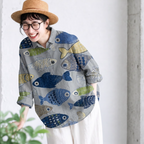 M-3XL 魚と暮らす ゆるり綿麻混ブラウス M フィッシュ柄