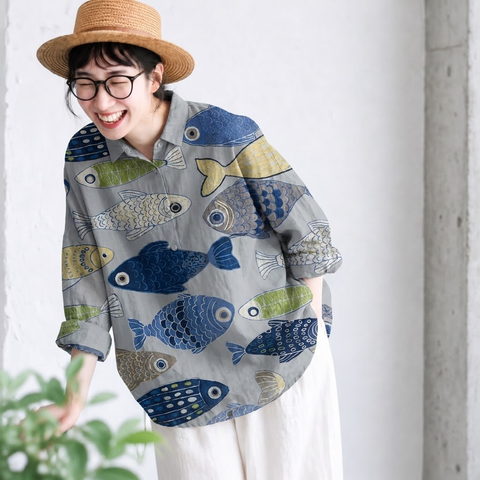 M-3XL 魚と暮らす ゆるり綿麻混ブラウス M フィッシュ柄