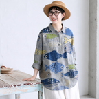 M-3XL 魚と暮らす ゆるり綿麻混ブラウス M フィッシュ柄
