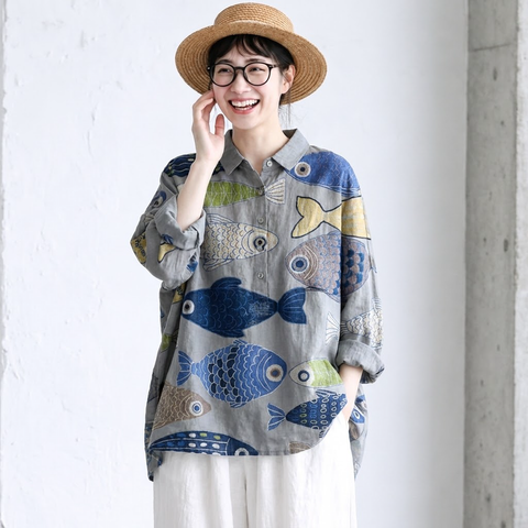 M-3XL 魚と暮らす ゆるり綿麻混ブラウス M フィッシュ柄