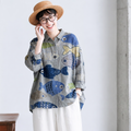 M-3XL 魚と暮らす ゆるり綿麻混ブラウス 3XL フィッシュ柄