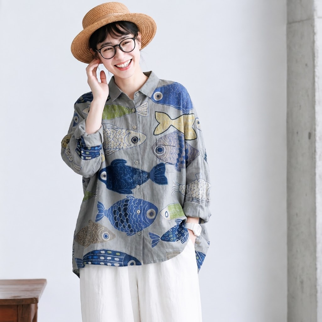 M-3XL 魚と暮らす ゆるり綿麻混ブラウス 3XL フィッシュ柄