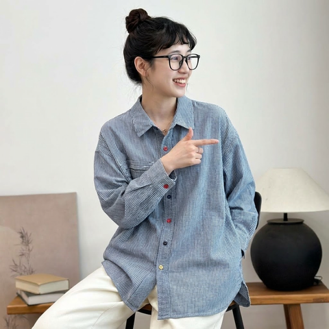 新発売！折り襟 シングルブレスト レトロ ストライプ柄 スリム効果 長袖 シャツ フリー ブルー