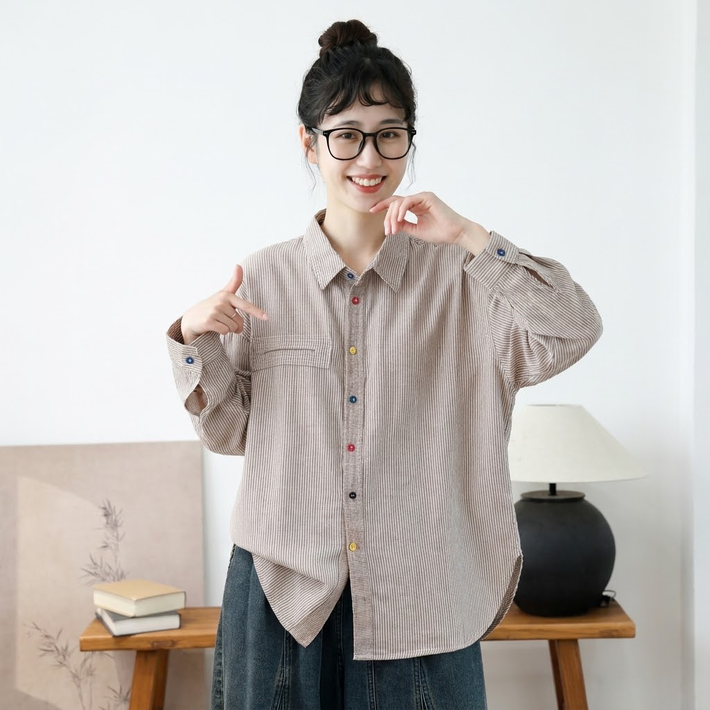 新発売！折り襟 シングルブレスト レトロ ストライプ柄 スリム効果 長袖 シャツ フリー ブラウン