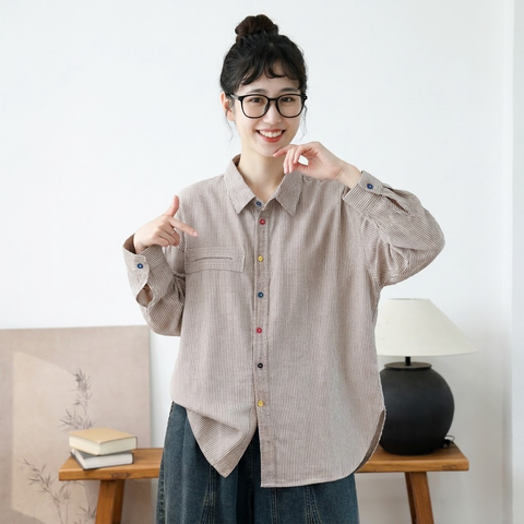 新発売！折り襟 シングルブレスト レトロ ストライプ柄 スリム効果 長袖 シャツ フリー ブラウン