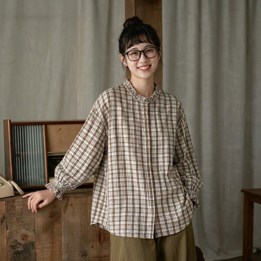 人気を獲得♡ チェック柄 森ガール 切り替え フリル シングルブレスト 長袖 シャツ フリー 写真と同じ1