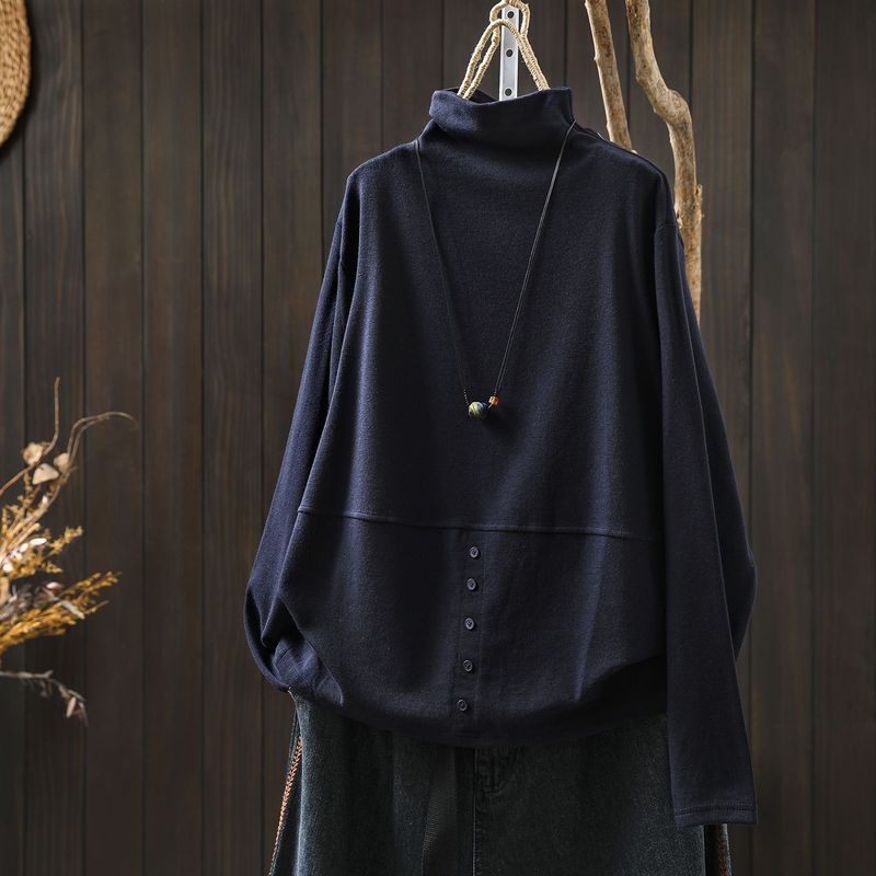 L-5XL ハーフネック バックボタン ルーズ レトロ 長袖 Ｔシャツ L コーヒー