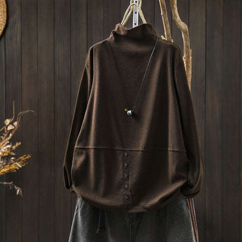 L-5XL ハーフネック バックボタン ルーズ レトロ 長袖 Ｔシャツ L コーヒー