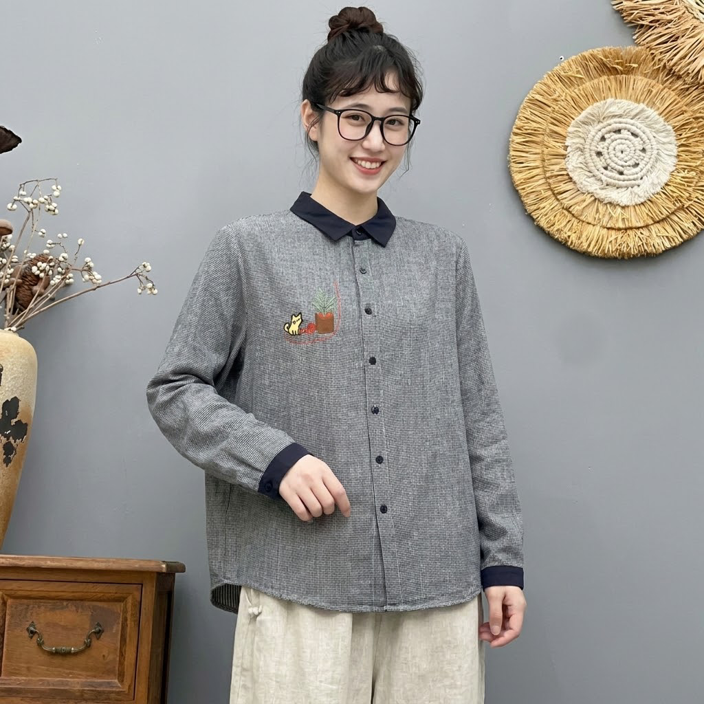 M-L 大流行新作 千鳥格子 配色 刺繍 森ガール シングルブレスト 長袖 シャツ L グレー