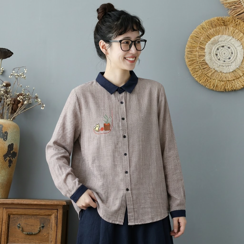 M-L 大流行新作 千鳥格子 配色 刺繍 森ガール シングルブレスト 長袖 シャツ L カーキ