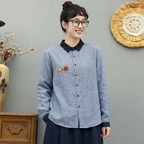 M-L 大流行新作 千鳥格子 配色 刺繍 森ガール シングルブレスト 長袖 シャツ M レッド
